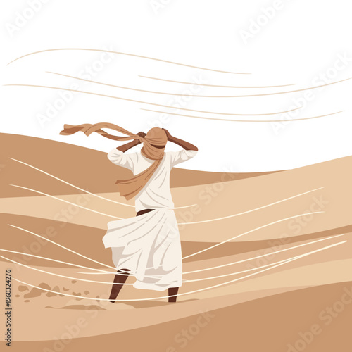 Man In Desert Storm Struggling Against Strong Winds and Sand