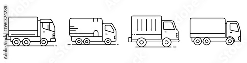 Line art drawing of four cargo trucks of varying designs and shapes