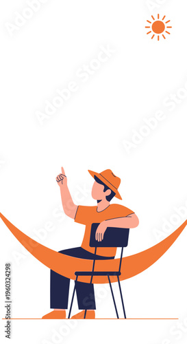 Man In Hammock Points Upward To The Sun Under Clear Skies