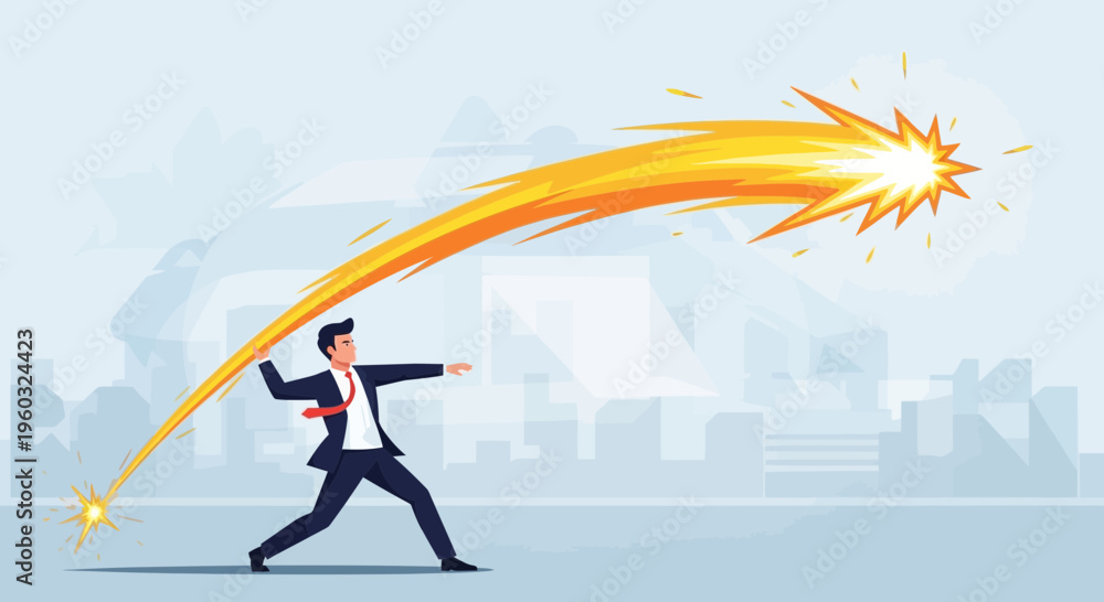 Obraz premium Man In Suit Throws Fiery Projectile Over City Skyline