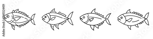Line art illustration of four identical fish swimming together side by side