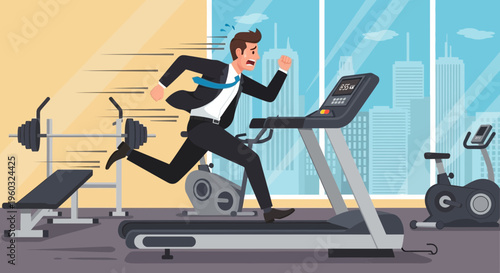 Man In Suit Running Fast On Treadmill In Gym With City View