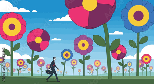 Man In Suit Walking Through Field Of Oversized Flowers