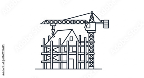 Construction site with crane building a house, architectural project in progress.