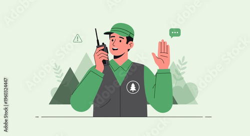 Man In Uniform Communicates Via Radio Amidst Mountain Scenery