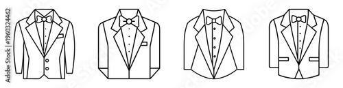 Four different styles of black and white tuxedo jackets in vector graphics