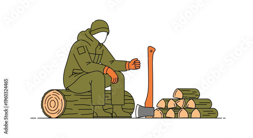 Man In Warm Clothing Sitting Beside Stacked Firewood With Axe Ready For Chopping