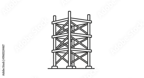 Detailed illustration of a wooden scaffolding structure, construction site equipment.