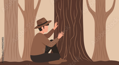 Man Interacting With Ancient Tree Bark Nature Exploration