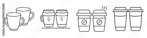Black and white outline illustration of various coffee cups and mugs