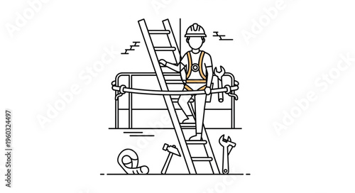 Construction worker climbing ladder on scaffolding with safety gear and tools.