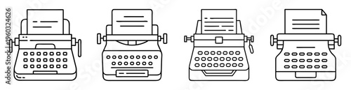 Four minimalist line art illustrations of vintage typewriters with paper in place