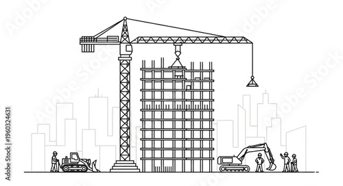 Construction site with crane building a high-rise structure, workers and machinery.