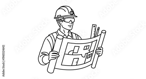 Architect reviewing blueprints with focused attention, wearing safety gear, and holding construction plans.