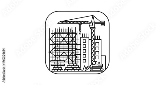 Construction site illustration with crane, building, and scaffolding, in a square frame.