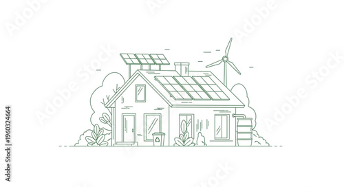 Eco-friendly house with solar panels and wind turbine generating clean energy.