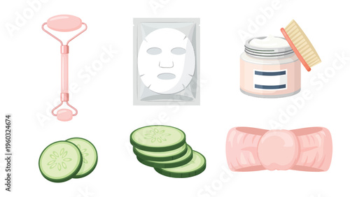 Skincare Routine Essentials: Facial Roller, Sheet Mask, Cucumber, Cream Jar, and Spa Headband for Beauty