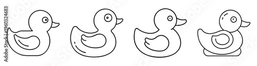 Line art illustration of four cartoon rubber ducks in a row