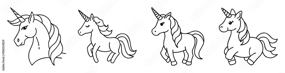 Fototapeta premium Four cute unicorn line art drawings in varying poses and expressions