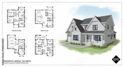 Detailed architectural rendering of a modern two-story residential house with floor plans.