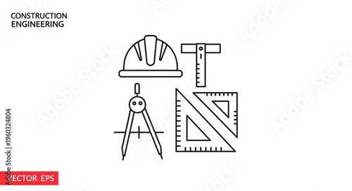 Construction Engineering Tools - Helmet, T-Square, Compass, and Ruler for Design.