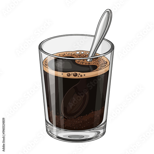 Glass of dark coffee with spoon and crema, isolated on white background
