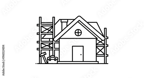 House under construction with scaffolding and tools, a symbol of building and renovation.
