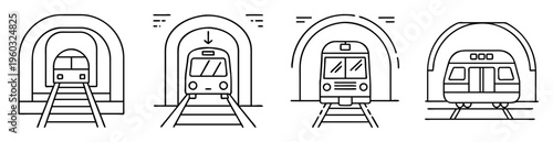 Four different train designs emerging from tunnel with black outlines on white