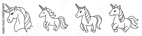 Four cute unicorn line art drawings in varying poses and expressions