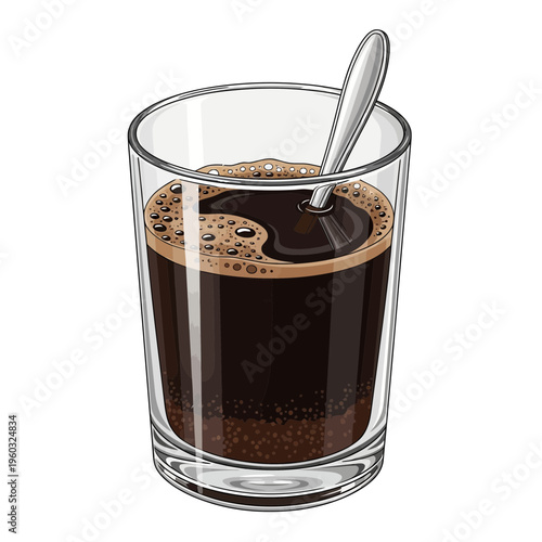 Glass of dark coffee with foam and spoon, isolated on white background