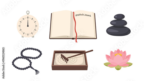 Mindfulness & Meditation Objects Set: Zen Garden, Lotus Flower, Gratitude Journal, Stones, Mala Beads, Timer