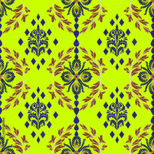 Elegant vintage floral seamless pattern with damask ornaments and decorative leaves in classic style for textile and wallpaper design.