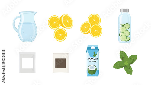 Healthy Beverage Ingredients Collection: Water, Lemon, Cucumber, Coconut Water, Mint, and Sweetener Sachets
