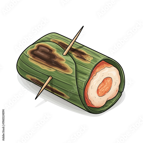 Grilled food wrapped in banana leaf with toothpicks, isometric view