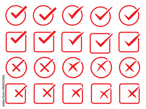 Check tick mark icon set. Cross box x check mark checkbox v list vector draw hand drawn sketch doodle brush marker checklist symbol wrong right circle. Vector Illustration