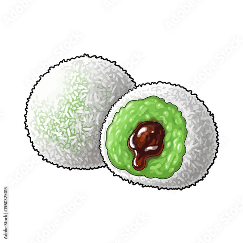 Mochi dessert with green filling and red bean paste, covered in coconut flakes