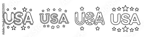 USA in outline text with decorative stars for patriotic coloring page