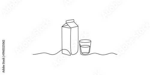 A carton of milk and a glass of milk in a line drawing style beverage
