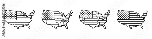 Four variations of the United States flag shape outline drawing