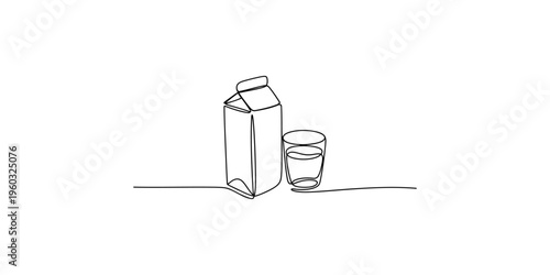 Continuous line drawing of carton and glass of milk illustration outline single beverage dairy food