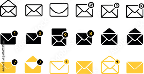 Message icons vector set envelope closed open notification styles outline solid email inbox contact postal communication design