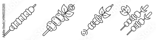 Black and white outline illustration of food skewers with different arrangements