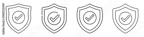 Four simple security shield icons with a checkmark, isolated on white