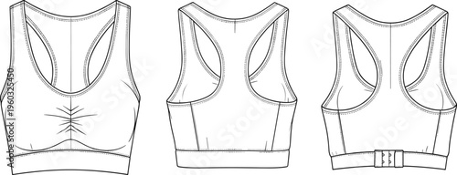 Technical Vector Illustration of Women Sports Bra Flat Sketch Template, Racerback Activewear Design with Hook and Eye for Fashion Tech Pack