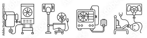 medical equipment with fan and monitoring devices line drawing on white background