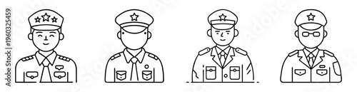 Line art illustration of four different police officers with different ranks