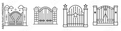 Stylized collection of four different gate designs with stars and clouds