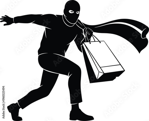 Masked figure running with shopping bags silhouette, superhero or burglar concept vector art, urgency escape illustration, crime or hero metaphor design