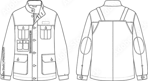 Technical vector line art illustration of a multi pocket field jacket featuring front buttons, elbow patches, and adjustable snap button cuffs.