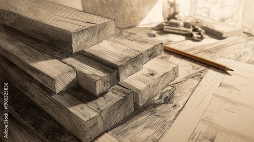 A sepia-toned sketch depicts a neatly stacked pile of rectangular wood planks resting on architectural blueprints, accompanied by a pencil and other carpentry tools